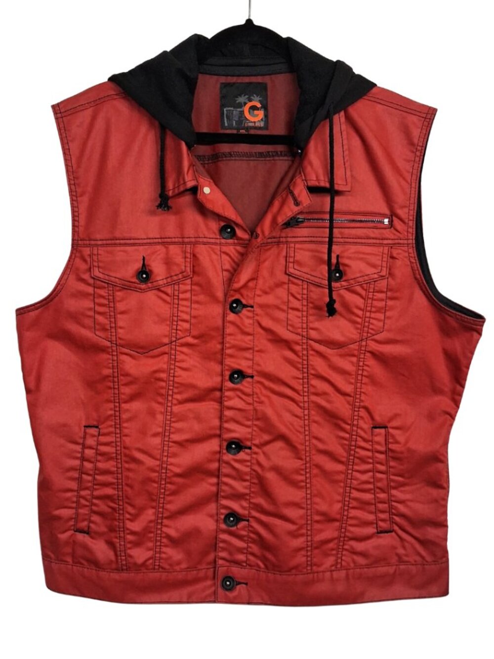 G BY GUESS Red Hooded Wax Denim Sleeveless Jacket Men's XXL